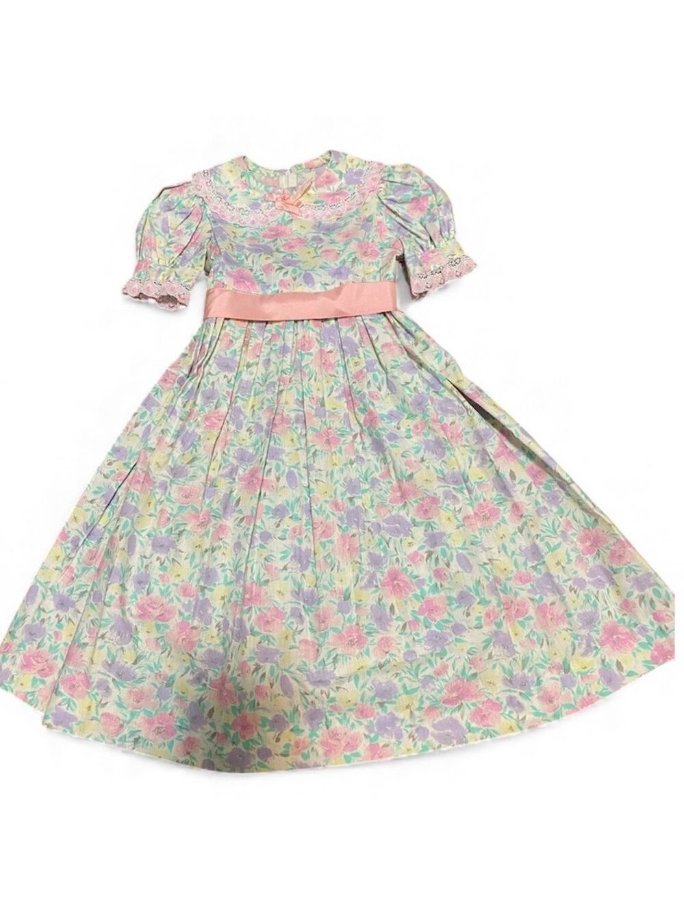 Vintage Little Girl Cotton Dress 80s 90s Floral Pink Purple Ribbon Tie